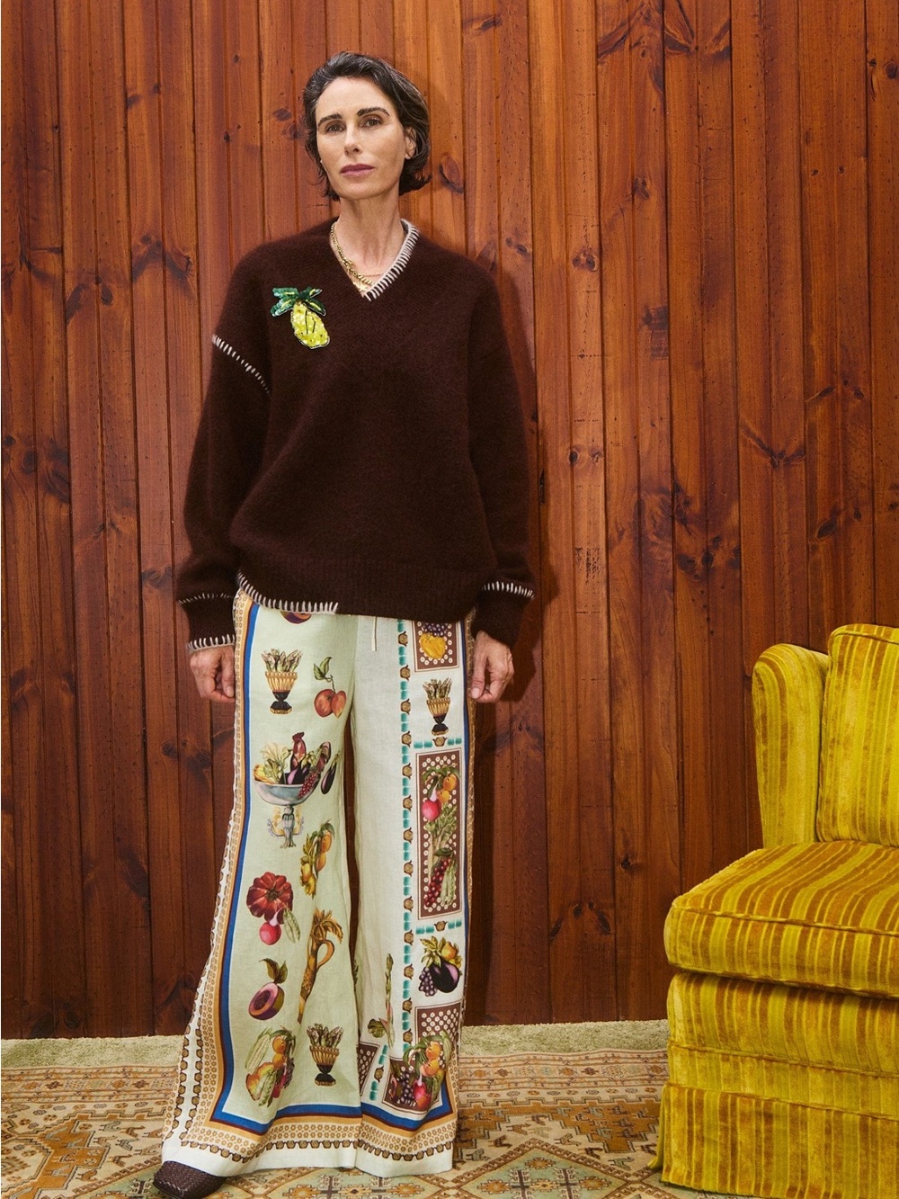 Alemais Fredo V-Neck Sweater with Yellow Green Fruit Patch - Picture 2 of 6